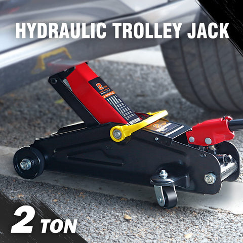 Low Profile Hydraulic Trolley Floor Jack 2 Ton Capacity 4000 Lbs with lifting range visible under car