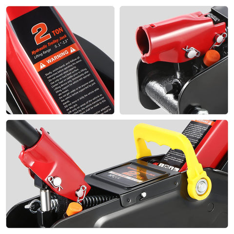 Low Profile Hydraulic Trolley Floor Jack 2 Ton Capacity 4000 Lbs close-up of lifting mechanism and safety features, black and red