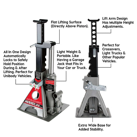 2 Ton UniJack Combination Hydraulic Bottle Jack And Jackstand In One Unit Compact Portable Wide Base Lifts And Holds Cars Unibody Sedans CUVs And SUVs For Safe DIY Repairs By Powerbuilt, front view with stability features.