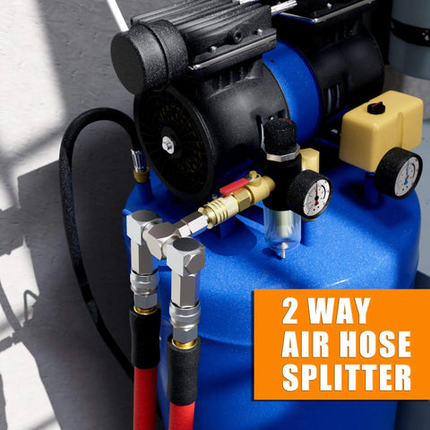 Two Way Air Hose Splitter With 1/4 Inch Quick Connect Fittings, Turns One Line Into Two With 2 Universal Couplers And Industrial Air Plug