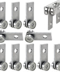 Pack of 10 steel 2 Wheels Trolley Assembly Rollers with bearings for 1-5/8" wide strut channel, shown from various angles.