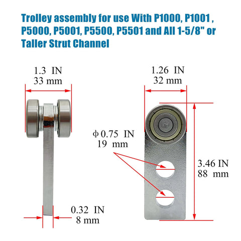 2 Wheel Trolley Assembly Rollers with Double Bearings for 1-5/8 Inch Wide & Taller Strut Channel, side view with measurements
