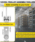2 Wheel Trolley Assembly Rollers with Dual Bearings Hot Rolled Steel Construction Galvanized for Rust Resistance in warehouse setting