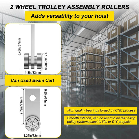 2 Wheel Trolley Assembly Rollers with Dual Bearings Hot Rolled Steel Construction Galvanized for Rust Resistance in warehouse setting