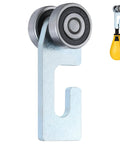 2 Wheel Trolley Assembly Rollers with Rubber Sealed Bearings Galvanized Steel for 1-5/8 Inch Strut Channels, shown in detail and use.