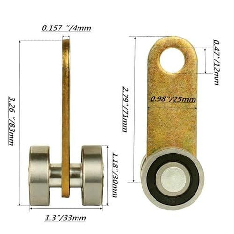 Side and front view of 2 Wheel Trolley Assembly Rollers for 1-5/8 Inch & Taller Strut Channel, Galvanized Steel bearing with dimensions labeled