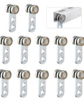 Pack of 12 two-wheel trolley assembly rollers for 1-5/8 inch strut channels, shown with bearing design and installation example.