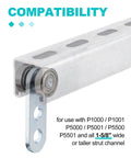2 Wheel Trolley Assembly Rollers Bearing Design for 1-5/8 Inch Wide and Taller Strut Channels showing compatibility with P1000