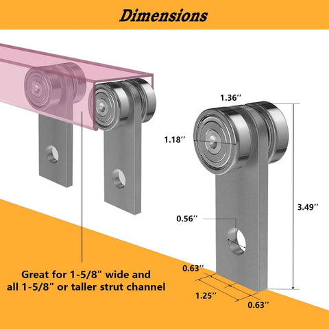 2 Wheel Unistrut Trolley Roller Assembly 4 Pack Metal Bearing Rollers for 1-5/8 Inch and Taller Strut Channels dimensions diagram