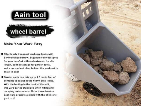 2 Wheel Wheelbarrow 300 LB Capacity Heavy Duty Yard Cart with 9 Inch Solid Tires and Grey Plastic Tub filled with rocks