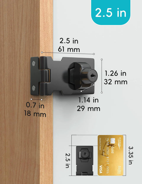 2.5 Inch Keyed Hasp Lock For Cabinets And Small Doors With Twist Knob Design displaying size dimensions