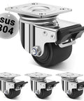 2.5 inch heavy duty stainless steel low profile caster wheels made from SUS 304, industrial grade casters with brakes in a 4 pack, side view.