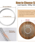 Dimensions and load capacity of 20 Inch Heavy Duty Aluminum Lazy Susan Bearing Rotating Turntable Ring for tables and DIY furniture.