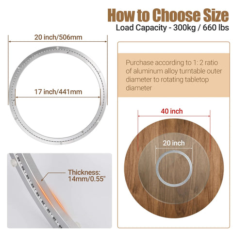 Dimensions and load capacity of 20 Inch Heavy Duty Aluminum Lazy Susan Bearing Rotating Turntable Ring for tables and DIY furniture.