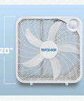 Front view of Heavy Duty 20 Inch Box Fan With 3 Quiet Speeds For Home Garage Office And Bedroom Delivering 2400 CFM Airflow And 1100 RPM Corded Portable Floor Mount Cooling For Basement And Living Spaces From Hurricane