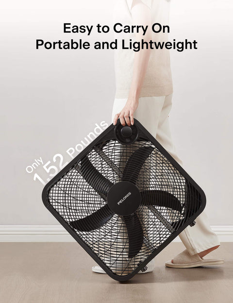 Person carrying Go To Box Fan For Bedroom And Living Areas With 3 Speed Settings And 2295 CFM Airflow, Lightweight 5 Blade Design