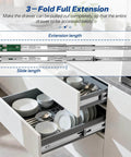 Open kitchen drawer with dishes, showcasing 6 Pairs Soft Close Drawer Slides 20 Inch, Full Extension Heavy Duty Ball Bearing Cabinet Rails.