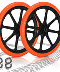 20x1.95 Inch Flat Free Tires Compatible with Rubbermaid Wheelbarrow Wheels, orange tires with dual bearings and ABS rim.
