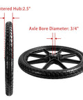 20 Inch Flat Free Tire Cart Wheels Replacement, Solid Rubber Wheel showing 3/4 inch axle bore diameter and centered hub dimensions.