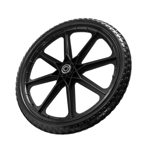 20 Inch Flat Free Cart Wheels 2 Pack Compatible with Rubbermaid Wheelbarrow Wheels, black solid tire close-up view.