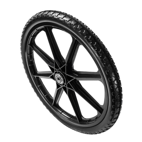20 Inch Flat Free Cart Wheels 2 Pack Compatible with Rubbermaid Wheelbarrow Wheels, black solid tire close-up view.