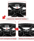 20 Inch Flat Free Tire Cart Wheels Replacement showing installation process for 3/4" and 5/8" bearings on solid rubber wheel.