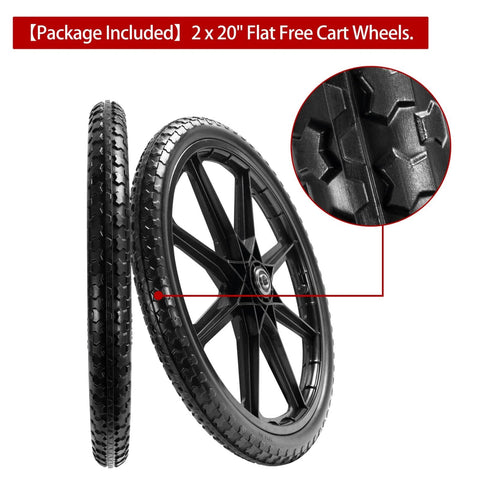 20 Inch Flat Free Cart Wheels 2 Pack Compatible with Rubbermaid Wheelbarrow Wheels, black solid tires with tread detail.