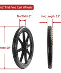 20 Inch Flat Free Cart Wheels 2 Pack Compatible with Rubbermaid Wheelbarrow Wheels, showing diameter, width, and hub length details.