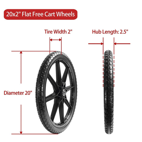 20 Inch Flat Free Cart Wheels 2 Pack Compatible with Rubbermaid Wheelbarrow Wheels, showing diameter, width, and hub length details.