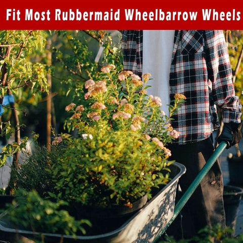 20 Inch Flat Free Cart Wheels 2 Pack Compatible with Rubbermaid Wheelbarrow Wheels in a garden setting with flowers.