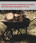 20 Inch Flat Free Tire Cart Wheels Replacement, Solid Rubber Wheels in a wheelbarrow with logs for garden use.