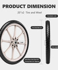 20 Inch Flat Free Tire and Wheel Set of 2 with solid polyurethane airless design side view showing dimensions and features.