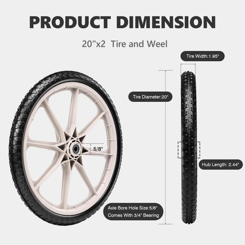 20 Inch Flat Free Tire and Wheel Set of 2 with solid polyurethane airless design side view showing dimensions and features.