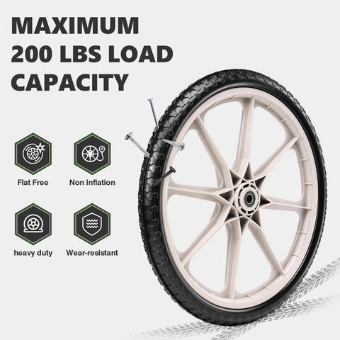 20 Inch Flat Free Tire and Wheel Set of 2 with solid polyurethane airless design featuring centered hub dual 5/8 and 3/4 inch bearings spacer kit and grey finish