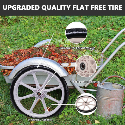 20 Inch Flat Free Tire and Wheel Set of 2 with solid polyurethane airless design featuring centered hub dual 5/8 and 3/4 inch bearings spacer kit and grey finish for Rubbermaid wheelbarrows lawn carts and big wheel utility carts