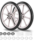 20 Inch Flat Free Tire and Wheel Set of 2 with solid polyurethane airless design featuring centered hub dual 5/8 and 3/4 inch bearings spacer kit and grey finish for Rubbermaid wheelbarrows lawn carts and big wheel utility carts.