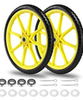 20 Inch Flat Free Tire and Wheel Set of 2 in yellow with solid polyurethane airless design view featuring dual 5/8 and 3/4 inch bearings.