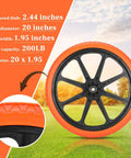 20x1.95 Inch Flat Free Tires Compatible with Rubbermaid Wheelbarrow Wheels, showcasing tread and ABS rim in outdoor setting.