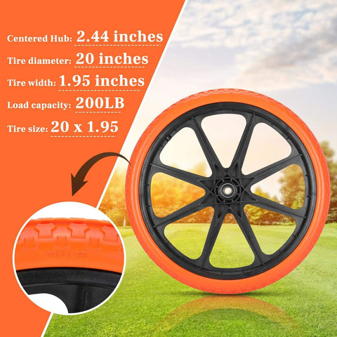 20x1.95 Inch Flat Free Tires Compatible with Rubbermaid Wheelbarrow Wheels, showcasing tread and ABS rim in outdoor setting.