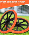 20x1.95 Inch Flat Free Tires Compatible with Rubbermaid Wheelbarrow Wheels displayed on grass, showcasing solid ABS rim.