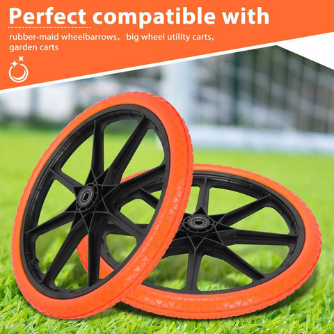 20x1.95 Inch Flat Free Tires Compatible with Rubbermaid Wheelbarrow Wheels displayed on grass, showcasing solid ABS rim.