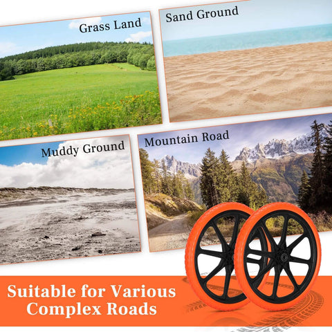 20x1.95 Inch Flat Free Tires Compatible with Rubbermaid Wheelbarrow Wheels on various terrains including grass, sand, mud, and mountains.