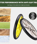 20 Inch Flat Free Tire and Wheel Set of 2 in yellow showcasing anti-slip tread for various complex roads.