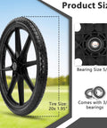 20 Inch Flat Free Wheels Compatible with Rubbermaid Wheelbarrow Tires showing 5/8 inch bearing and tire size 20x1.95 in outdoor setting.