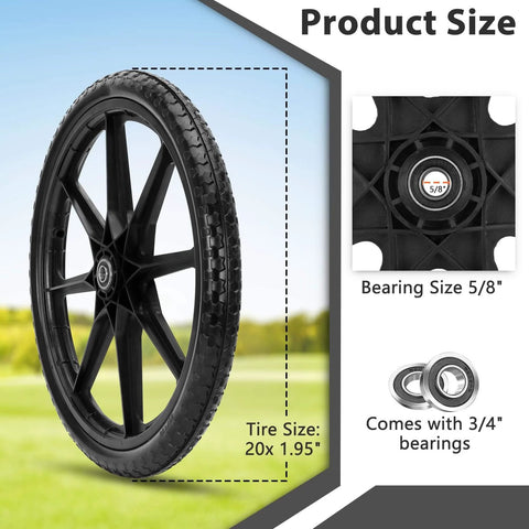 20 Inch Flat Free Wheels Compatible with Rubbermaid Wheelbarrow Tires showing 5/8 inch bearing and tire size 20x1.95 in outdoor setting.