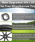 20 Inch Flat Free Wheels Compatible with Rubbermaid Wheelbarrow Tires, featuring steel bearings, polyurethane tires, and ABS rims.