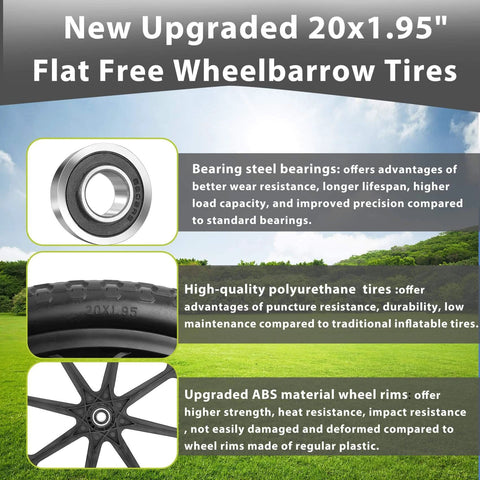 20 Inch Flat Free Wheels Compatible with Rubbermaid Wheelbarrow Tires, featuring steel bearings, polyurethane tires, and ABS rims.