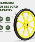 20 Inch Flat Free Tire and Wheel Set of 2 in yellow with solid polyurethane design and 200 lbs load capacity.