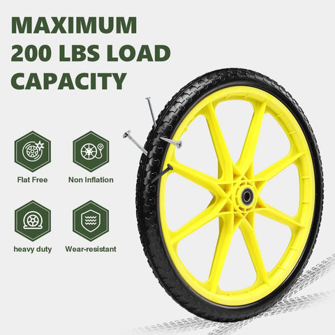 20 Inch Flat Free Tire and Wheel Set of 2 in yellow with solid polyurethane design and 200 lbs load capacity.