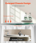20 Inch Glass Lazy Susan Turntable showcasing enlarged chassis design, preventing tipping with two bottles and plates, clear tempered glass.